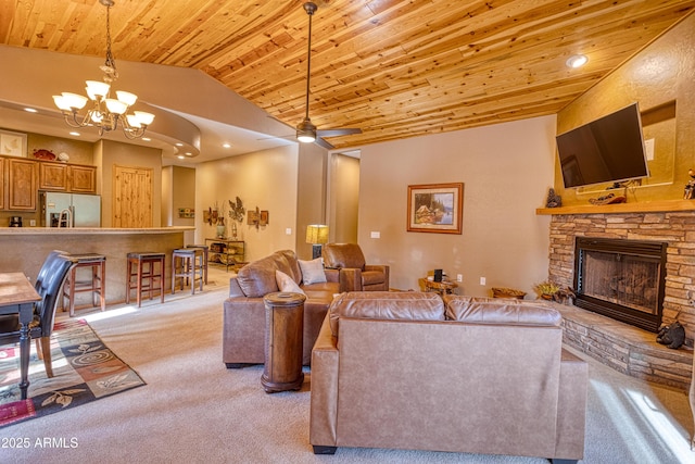 2721 W Snowberry Loop, Show Low, AZ 85901 - living area with light colored carpet, wooden ceiling, vaulted ceiling, a stone fireplace, and a ceiling fan