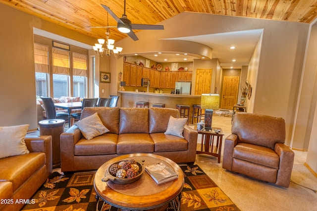 2721 W Snowberry Loop, Show Low, AZ 85901 - living area with wood ceiling, ceiling fan, lofted ceiling, a chandelier, and recessed lighting