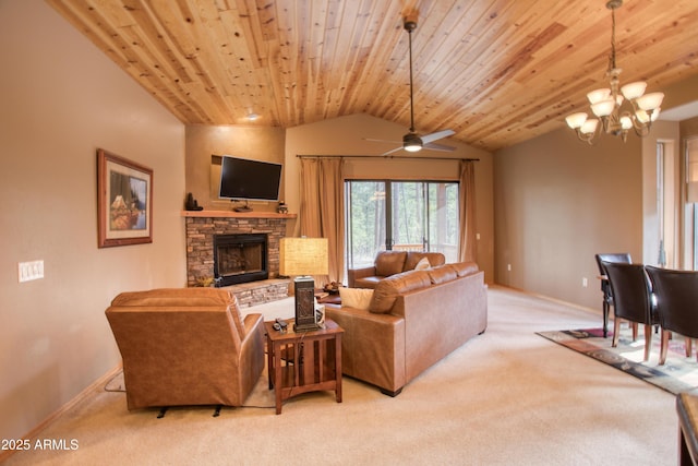 2721 W Snowberry Loop, Show Low, AZ 85901 - living room with light colored carpet, a chandelier, lofted ceiling, a stone fireplace, and wooden ceiling