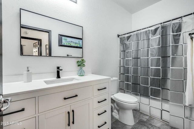 full bath with toilet, shower / bathtub combination with curtain, and vanity