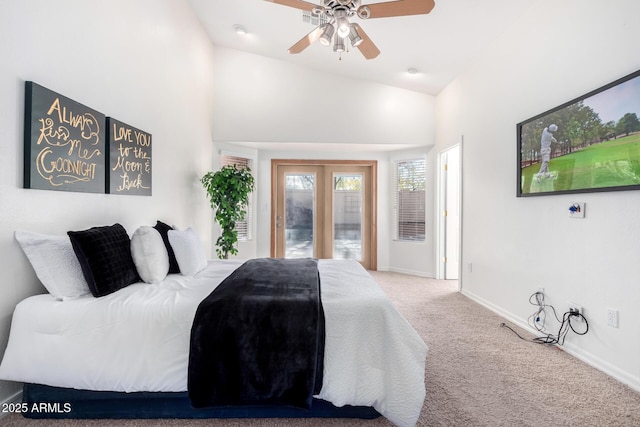 bedroom with ceiling fan, lofted ceiling, access to exterior, and carpet