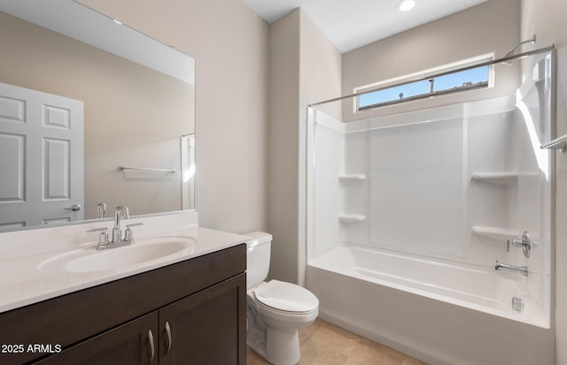 full bathroom with shower / bath combination, vanity, and toilet