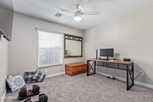 home office with carpet and ceiling fan