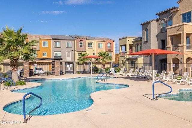 view of pool featuring a pergola and a patio area