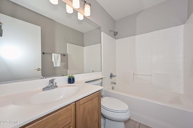 full bathroom with vanity, bathtub / shower combination, and toilet