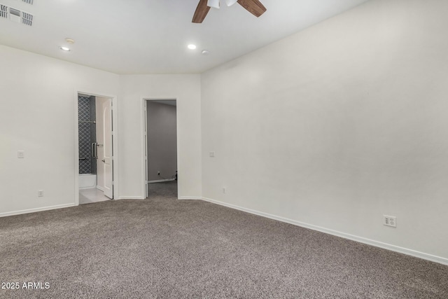 unfurnished room with carpet and ceiling fan