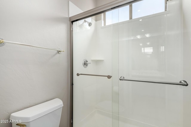 bathroom featuring toilet and a shower with door