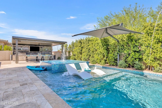 2652 E Pelican Ct, Gilbert, AZ 85297 - view of swimming pool with area for grilling, a pool with connected hot tub, a patio, and a fenced backyard