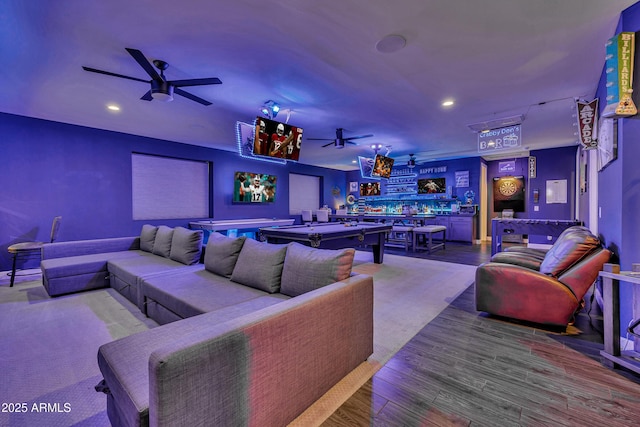 2652 E Pelican Ct, Gilbert, AZ 85297 - living room with ceiling fan, a bar, recessed lighting, wood finished floors, and billiards table