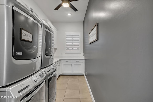 2652 E Pelican Ct, Gilbert, AZ 85297 - laundry area featuring stacked washer / drying machine, cabinet space, a ceiling fan, light tile patterned floors, and recessed lighting