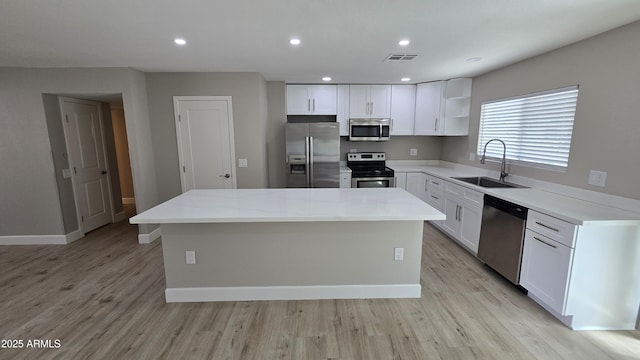 kitchen with open shelves, white cabinets, a sink, appliances with stainless steel finishes, and a center island