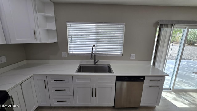 kitchen with a sink, open shelves, light stone counters, white cabinetry, and dishwasher