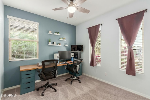 office area featuring carpet and ceiling fan