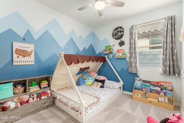 carpeted bedroom with ceiling fan