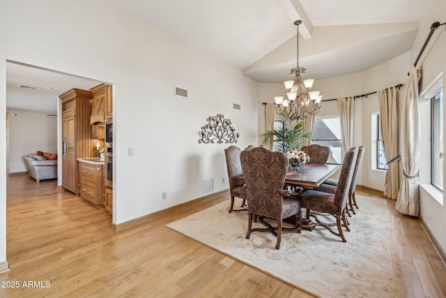 dining area with baseboards, beam ceiling, visible vents, and light wood-style floors