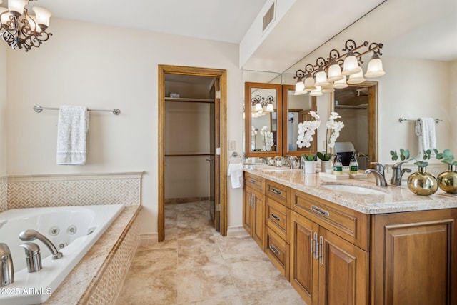 full bath with double vanity, a stall shower, visible vents, a whirlpool tub, and a sink