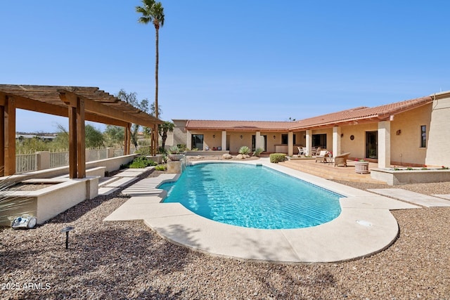 view of swimming pool with a fenced in pool, a patio, fence, and a pergola