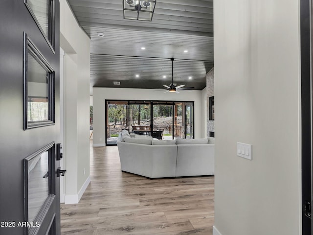 1137 Timbernook Xing, Williams, AZ 86046 - living room featuring ceiling fan, baseboards, light wood-style flooring, recessed lighting, and wooden ceiling