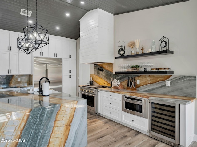1137 Timbernook Xing, Williams, AZ 86046 - kitchen with premium appliances, wine cooler, wooden ceiling, recessed lighting, and backsplash