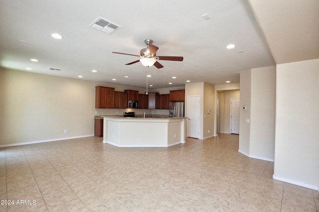 unfurnished living room featuring sink, light tile flooring, and ceiling fan