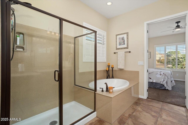 bathroom with separate shower and tub, tile patterned floors, and ceiling fan