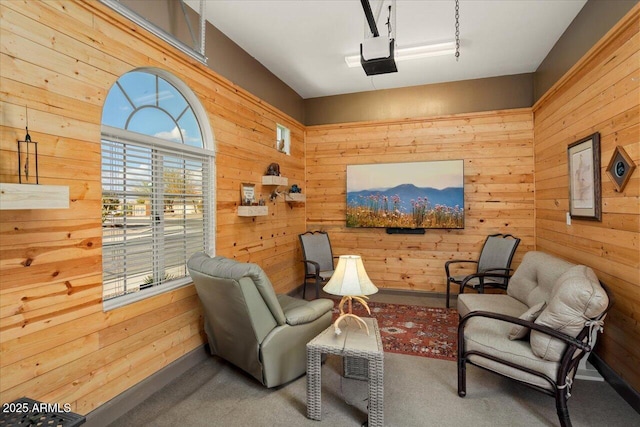 living area with wood walls