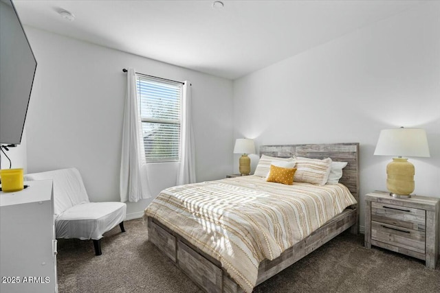 bedroom with dark colored carpet