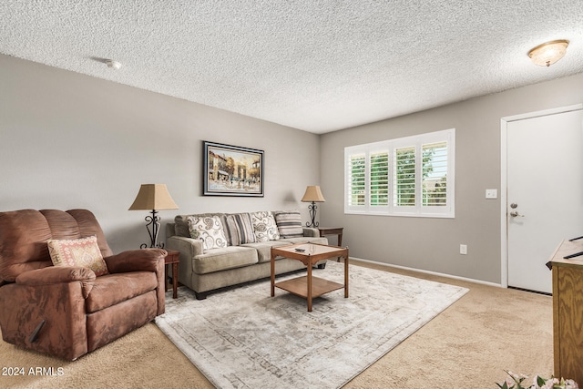 carpeted living room with a textured ceiling