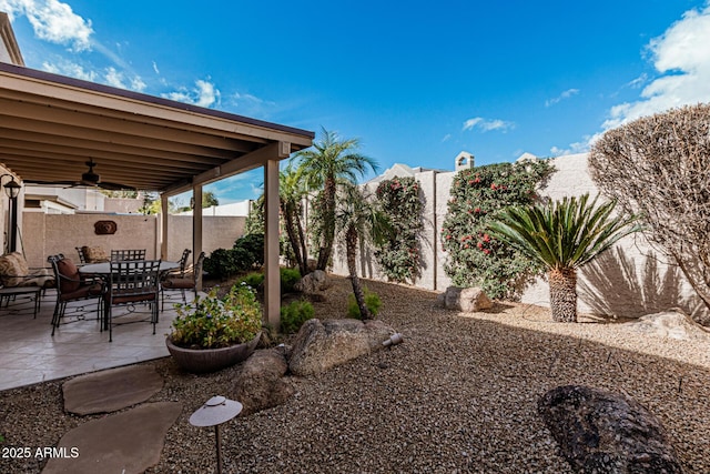 view of yard featuring a patio and ceiling fan