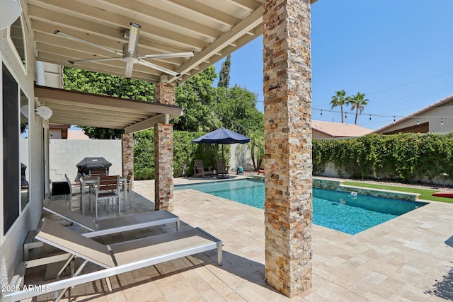 1057 W Laurel Ave, Gilbert, AZ 85233 - view of pool with a patio, a fenced backyard, a ceiling fan, and outdoor dining space