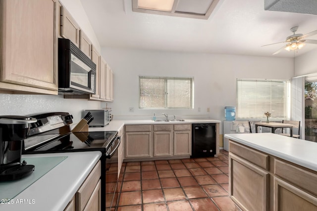 kitchen with ceiling fan, sink, light brown cabinets, and black appliances