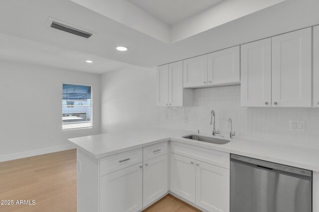220 N 22nd Pl Unit 2036, Mesa, AZ 85213 - kitchen with stainless steel dishwasher, a peninsula, white cabinets, tasteful backsplash, and light countertops