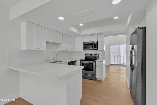 220 N 22nd Pl Unit 2036, Mesa, AZ 85213 - kitchen featuring stainless steel appliances, a raised ceiling, a peninsula, white cabinets, and decorative backsplash