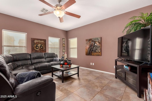 living room with ceiling fan