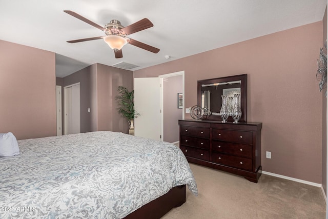 bedroom with light carpet and ceiling fan