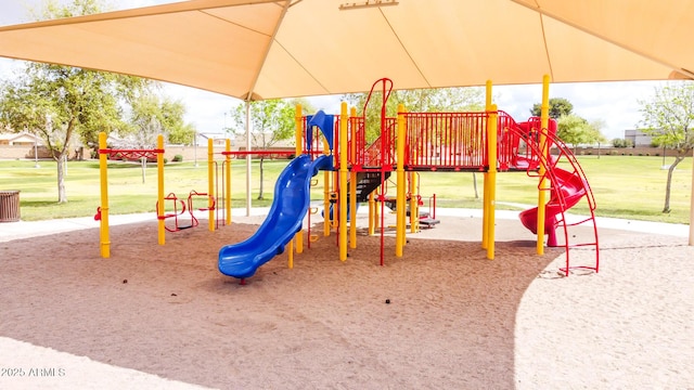 view of jungle gym with a lawn