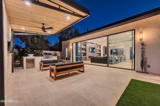 view of patio / terrace with ceiling fan, an outdoor hangout area, and a grill