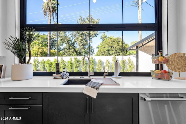 kitchen with dark cabinets, light countertops, a sink, and stainless steel dishwasher