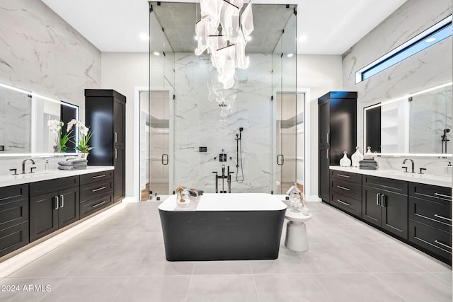 bathroom with vanity, separate shower and tub, and tile patterned flooring