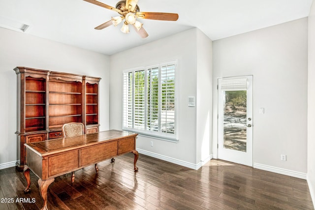 home office featuring baseboards, dark wood-type flooring, and ceiling fan