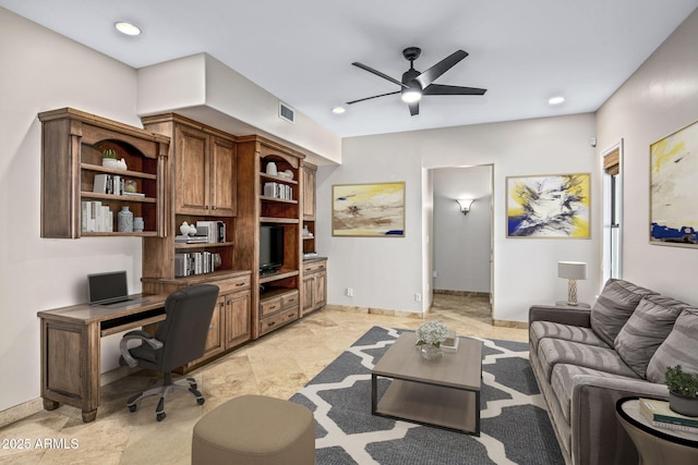 office space featuring recessed lighting, visible vents, baseboards, and a ceiling fan