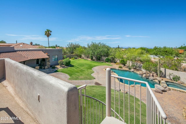 view of pool with a yard, a fenced in pool, and a fenced backyard