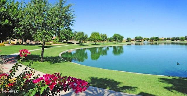 view of home's community with a water view and a lawn