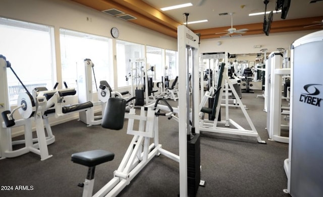 exercise room featuring ceiling fan