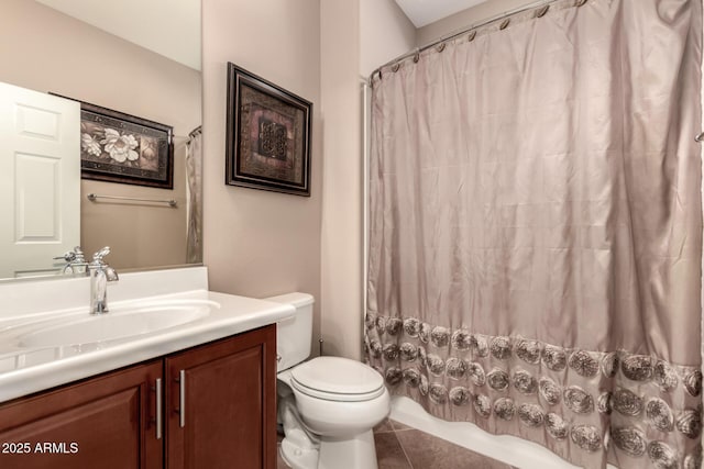 7504 W Patriot Way, Florence, AZ 85132 - full bath featuring vanity, tile patterned flooring, and shower / bath combo with shower curtain