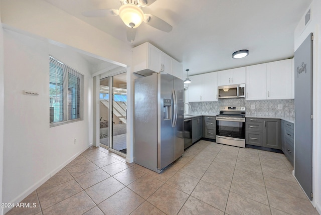 kitchen featuring white cabinetry, ceiling fan, stainless steel appliances, tasteful backsplash, and gray cabinets