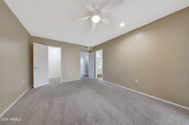 unfurnished bedroom with ceiling fan and light carpet