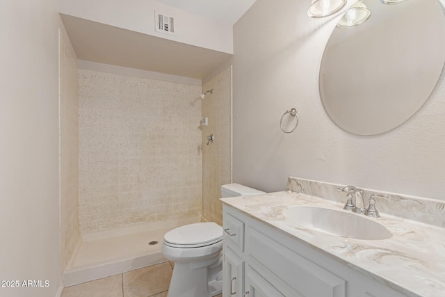 bathroom featuring tile patterned flooring, vanity, toilet, a shower stall, and visible vents