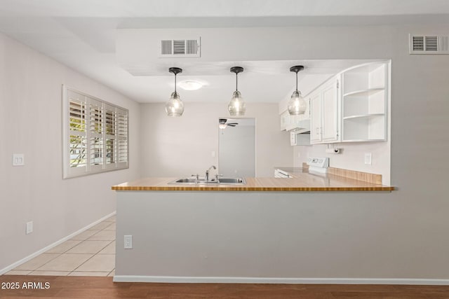 kitchen featuring visible vents, open shelves, a peninsula, electric stove, and a sink