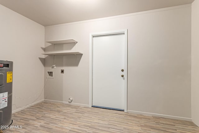 laundry room with laundry area, baseboards, light wood-type flooring, electric dryer hookup, and water heater